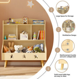 Huhote Three Compartment Wooden Kids Bookcase And Toy Storage Organiser Cabinet For Bedroom Playroom Bookshelf Book Rack Oak - thumbnail 5