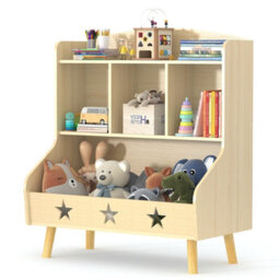 Huhote Three Compartment Wooden Kids Bookcase And Toy Storage Organiser Cabinet For Bedroom Playroom Bookshelf Book Rack Oak - thumbnail 2