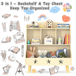 Huhote Three Compartment Wooden Kids Bookcase And Toy Storage Organiser Cabinet For Bedroom Playroom Bookshelf Book Rack Oak - thumbnail 7