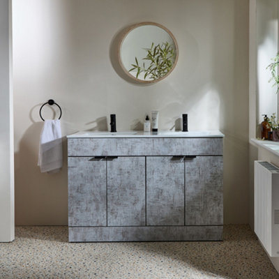 Homestylestore 1210mm Concrete Grey Floorstanding Bathroom Vanity Unit Double Basin And Black Finger Pull Handle - image 1