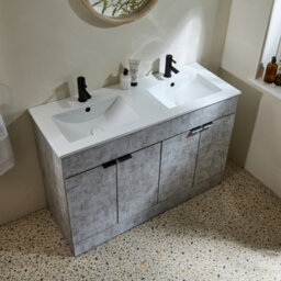 Homestylestore 1210mm Concrete Grey Floorstanding Bathroom Vanity Unit Double Basin And Black Finger Pull Handle - thumbnail 3
