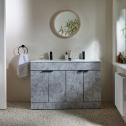 Homestylestore 1210mm Concrete Grey Floorstanding Bathroom Vanity Unit Double Basin And Black Finger Pull Handle