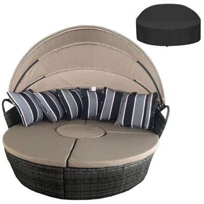 5 Pcs Modular Wicker Garden Daybed,  Rattan Lounge Chair Round Daybed With  Cushion And Waterproof Cover - image 1