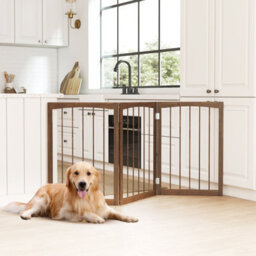 Costway 76 Cm Tall Foldable Pet Gate 3-Panel Wooden Dog Fence Solid Wood Frame-Brown - thumbnail 5