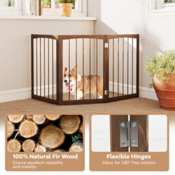 Costway 76 Cm Tall Foldable Pet Gate 3-Panel Wooden Dog Fence Solid Wood Frame-Brown - thumbnail 6