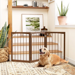 Costway 76 Cm Tall Foldable Pet Gate 3-Panel Wooden Dog Fence Solid Wood Frame-Brown - thumbnail 1