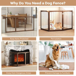 Costway 76 Cm Tall Foldable Pet Gate 3-Panel Wooden Dog Fence Solid Wood Frame-Brown - thumbnail 8