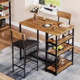 Dining Table Set Bar Table And Upholstered Chair For 2 Kitchen 3 Storage Shelves - thumbnail 4