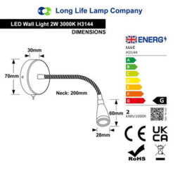 Long Life Lamps Company Led Indoor Bedside Reading Wall Light 2W 3000K Chrome H3144 - thumbnail 2