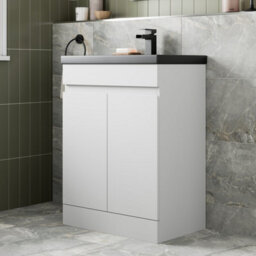 Affine 600mm Floorstanding Vanity Unit White Black Ceramic Basin Soft Close Doors - thumbnail 2