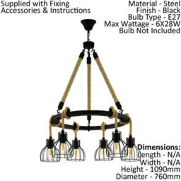 Elegant Black Rope Hanging Pendant Light With 6 E27 Bulb Sockets For Hallways - thumbnail 2
