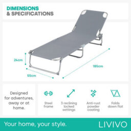 Livivo Foldable Outdoor Reclining Sun Lounger, Grey - thumbnail 9