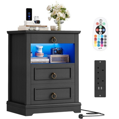 Black Nightstand With Led Ambient Light, Vintage 3 Drawer Bedside Storage Cabinet - image 1
