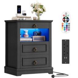 Black Nightstand With Led Ambient Light, Vintage 3 Drawer Bedside Storage Cabinet - thumbnail 1