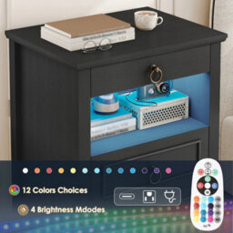 Black Nightstand With Led Ambient Light, Vintage 3 Drawer Bedside Storage Cabinet - thumbnail 4