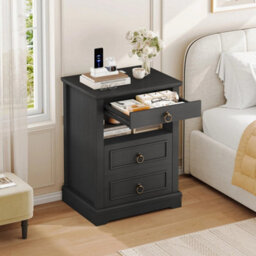 Black Nightstand With Led Ambient Light, Vintage 3 Drawer Bedside Storage Cabinet - thumbnail 3