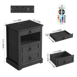 Black Nightstand With Led Ambient Light, Vintage 3 Drawer Bedside Storage Cabinet - thumbnail 2