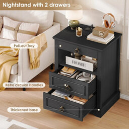 Black Nightstand With Led Ambient Light, Vintage 3 Drawer Bedside Storage Cabinet - thumbnail 6