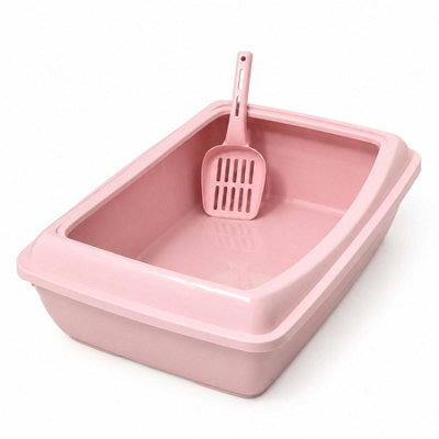Divchi Spacious Open Cat Litter Tray With Scoop - Pink