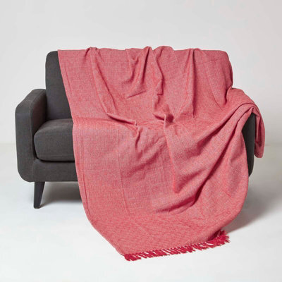 Homescapes Malda Red & White Cotton Throw With Tassels 150 X 200 Cm - image 1