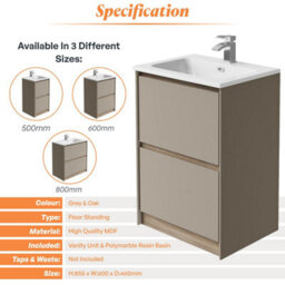 Plum&clay Norton Light Grey & Oak Freestanding Vanity Unit & Basin Set Bathroom Furniture (W)600mm (H)855mm - thumbnail 4