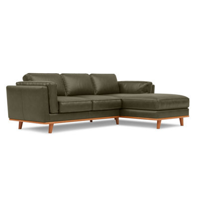 Valencia Artisan Top Grain Leather Three Seats With Right Chaise Sofa Dark Green Alder Wood Legs And Frame - image 1