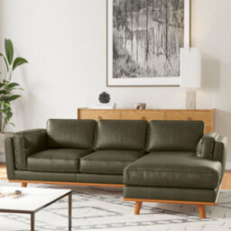 Valencia Artisan Top Grain Leather Three Seats With Right Chaise Sofa Dark Green Alder Wood Legs And Frame - thumbnail 2