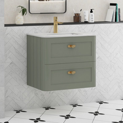 Royal Bathrooms Henley 600mm Sage Green Wall Hung Vanity Unit 2 Drawer With Undrilled Carrara White Top & Brushed Brass Knob - image 1