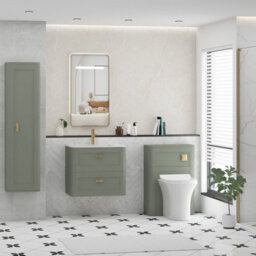 Royal Bathrooms Henley 600mm Sage Green Wall Hung Vanity Unit 2 Drawer With Undrilled Carrara White Top & Brushed Brass Knob - thumbnail 3
