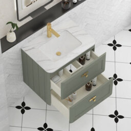 Royal Bathrooms Henley 600mm Sage Green Wall Hung Vanity Unit 2 Drawer With Undrilled Carrara White Top & Brushed Brass Knob - thumbnail 4