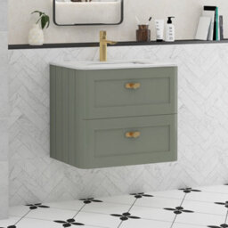 Royal Bathrooms Henley 600mm Sage Green Wall Hung Vanity Unit 2 Drawer With Undrilled Carrara White Top & Brushed Brass Knob