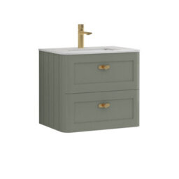 Royal Bathrooms Henley 600mm Sage Green Wall Hung Vanity Unit 2 Drawer With Undrilled Carrara White Top & Brushed Brass Knob - thumbnail 5