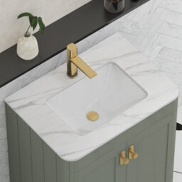 Royal Bathrooms Henley 600mm Sage Green Wall Hung Vanity Unit 2 Drawer With Undrilled Carrara White Top & Brushed Brass Knob - thumbnail 6