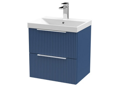 Hudson Reed Fluted Wall Hung 2-Drawer Vanity And Thin-Edge Basin, Contemporary Sink Vanity Unit, Satin Blue, 500mm - image 1
