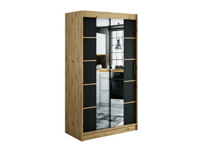 Arte Leto V4 Contemporary 2 Sliding Mirror Door Wardrobe 5 Shelves 2 Rails Black Matt And Oak Effect (H)2000mm (W)1200mm (D)620mm - image 1