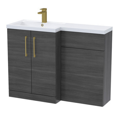Balterley Left-Hand Bathroom Vanity And Wc Unit Combination With Basin - 1100mm - Woodgrain Anthracite With Brushed Brass Handles - image 1