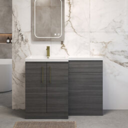 Balterley Left-Hand Bathroom Vanity And Wc Unit Combination With Basin - 1100mm - Woodgrain Anthracite With Brushed Brass Handles - thumbnail 2