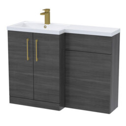 Balterley Left-Hand Bathroom Vanity And Wc Unit Combination With Basin - 1100mm - Woodgrain Anthracite With Brushed Brass Handles - thumbnail 1