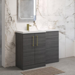 Balterley Left-Hand Bathroom Vanity And Wc Unit Combination With Basin - 1100mm - Woodgrain Anthracite With Brushed Brass Handles - thumbnail 4