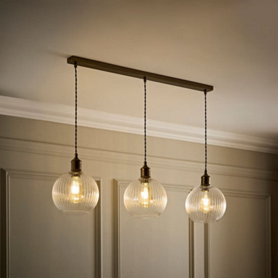 Valuelights Maddison Clear Rib Glass Brushed Brass 3 Drop Diner Ceiling Light & Filament Bulbs - image 1