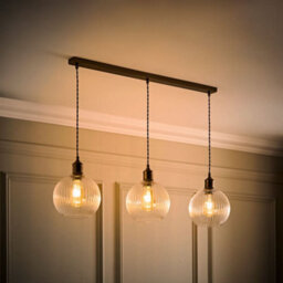 Valuelights Maddison Clear Rib Glass Brushed Brass 3 Drop Diner Ceiling Light & Filament Bulbs - thumbnail 2