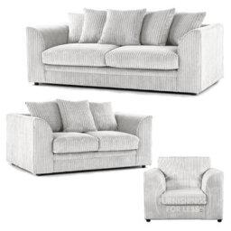 Furnishings For Less UK Luxor Jumbo Cord 3 + 2 + 1 Fabric 3 Piece Sofa Suite - Scatter Back Silver