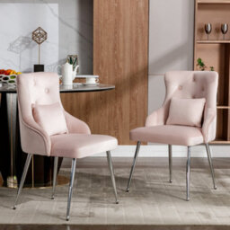 Btm Set Of 6 Button Pattern Dining Chairs, Upholstered Armchairs With Metal Legs, Lumbar Cushion, Pink, For Living Room/bedroom
