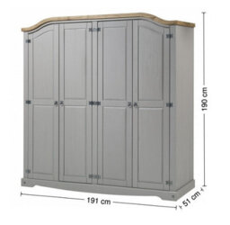 Mercers Furniture Corona Grey Wax 4 Door Arch Top Wardrobe Solid Wood Pine Wooden Rustic Mexican Styling Bedroom - thumbnail 4
