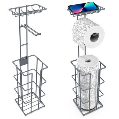 Vinsani Grey Metal Toilet Roll Holder Stand - Freestanding, Storage Shelf