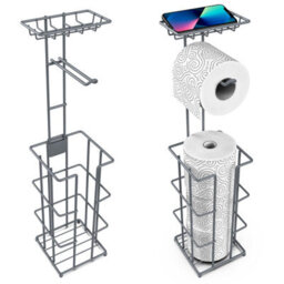 Vinsani Grey Metal Toilet Roll Holder Stand - Freestanding, Storage Shelf