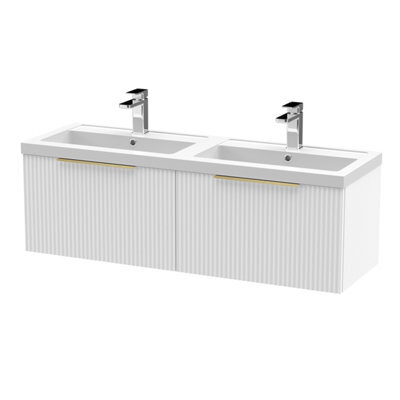 Balterley Fluted Front Wall Hung 2-Drawer Bathroom Vanity Unit With Double Basin, 1200mm, Satin White, Brushed Brass Handles - image 1