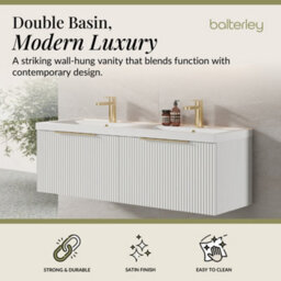 Balterley Fluted Front Wall Hung 2-Drawer Bathroom Vanity Unit With Double Basin, 1200mm, Satin White, Brushed Brass Handles - thumbnail 2