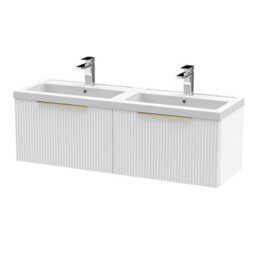 Balterley Fluted Front Wall Hung 2-Drawer Bathroom Vanity Unit With Double Basin, 1200mm, Satin White, Brushed Brass Handles - thumbnail 1