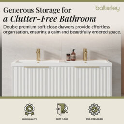 Balterley Fluted Front Wall Hung 2-Drawer Bathroom Vanity Unit With Double Basin, 1200mm, Satin White, Brushed Brass Handles - thumbnail 3